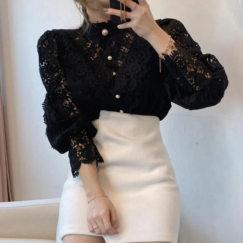 Elegant Flower Lace Stand Collar Long Sleeve Blouse