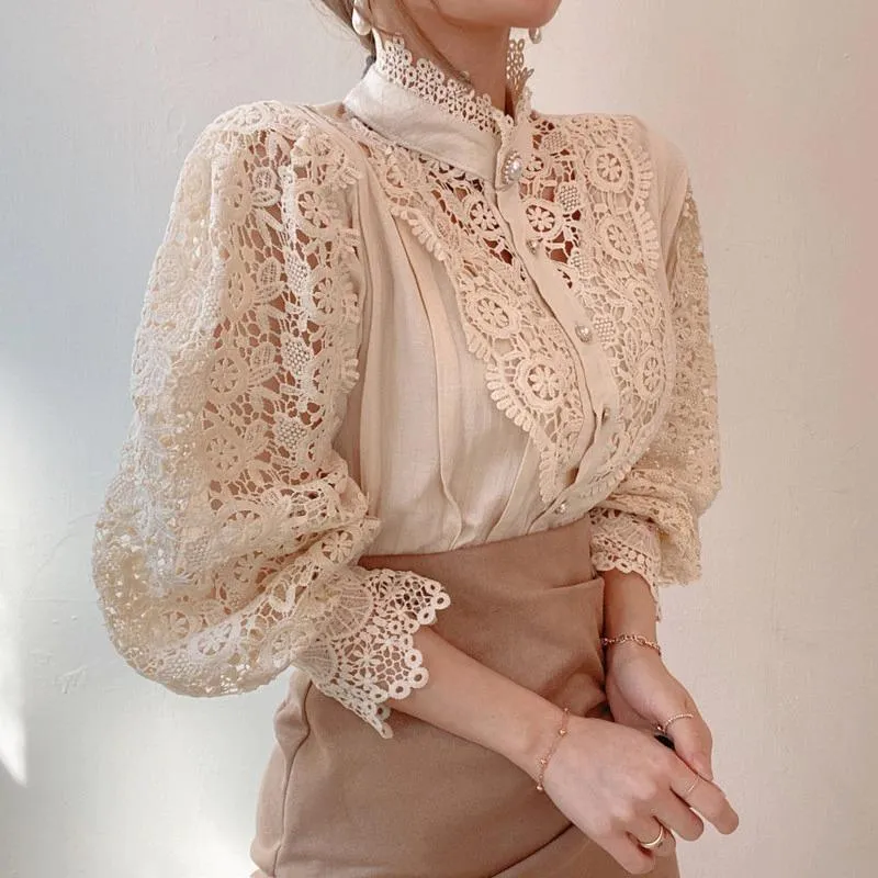 Elegant Flower Lace Stand Collar Long Sleeve Blouse