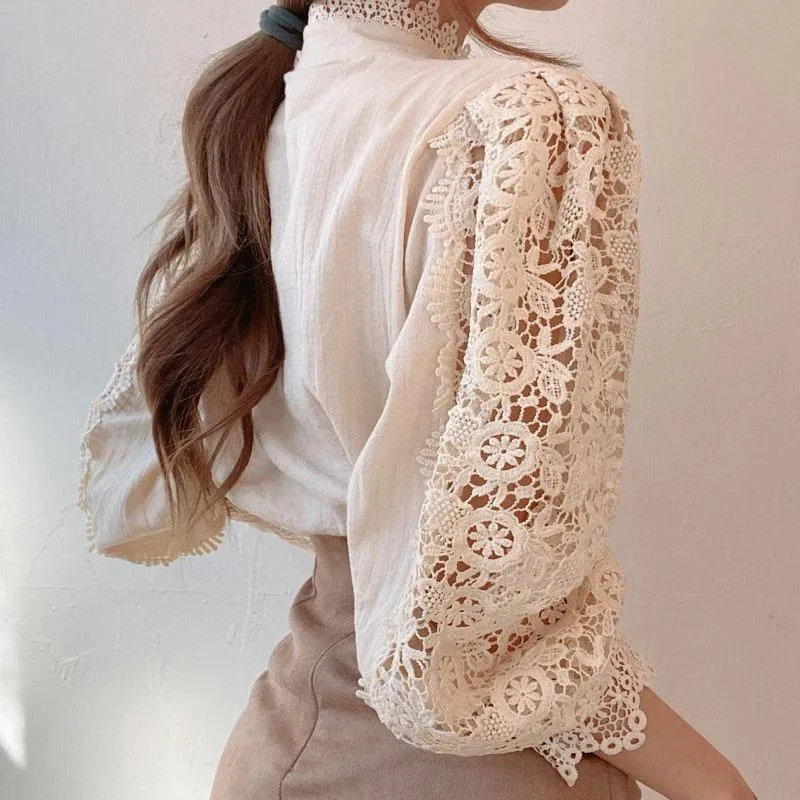 Elegant Flower Lace Stand Collar Long Sleeve Blouse