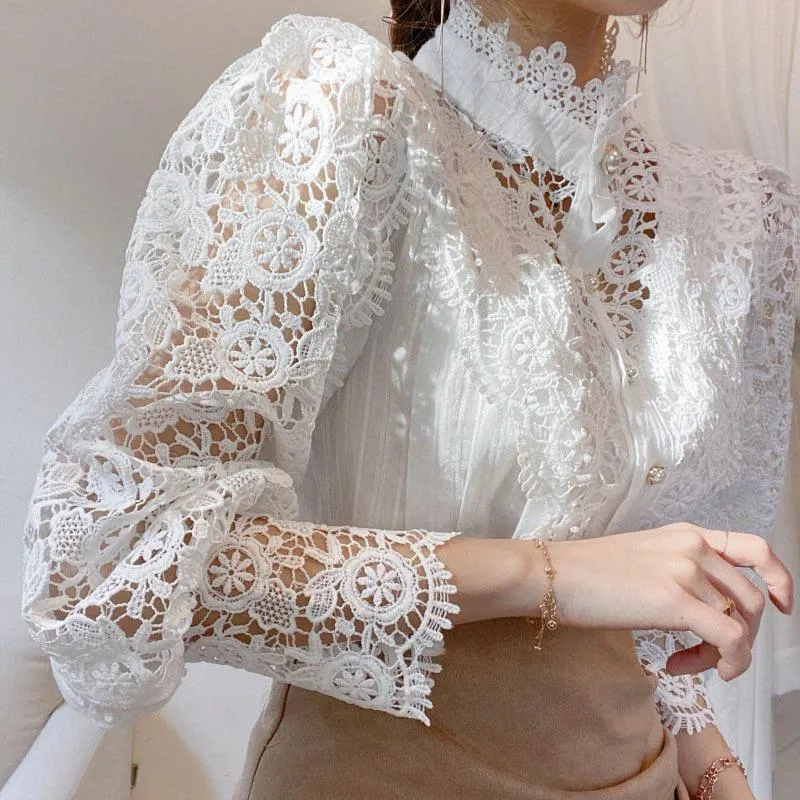 Elegant Flower Lace Stand Collar Long Sleeve Blouse