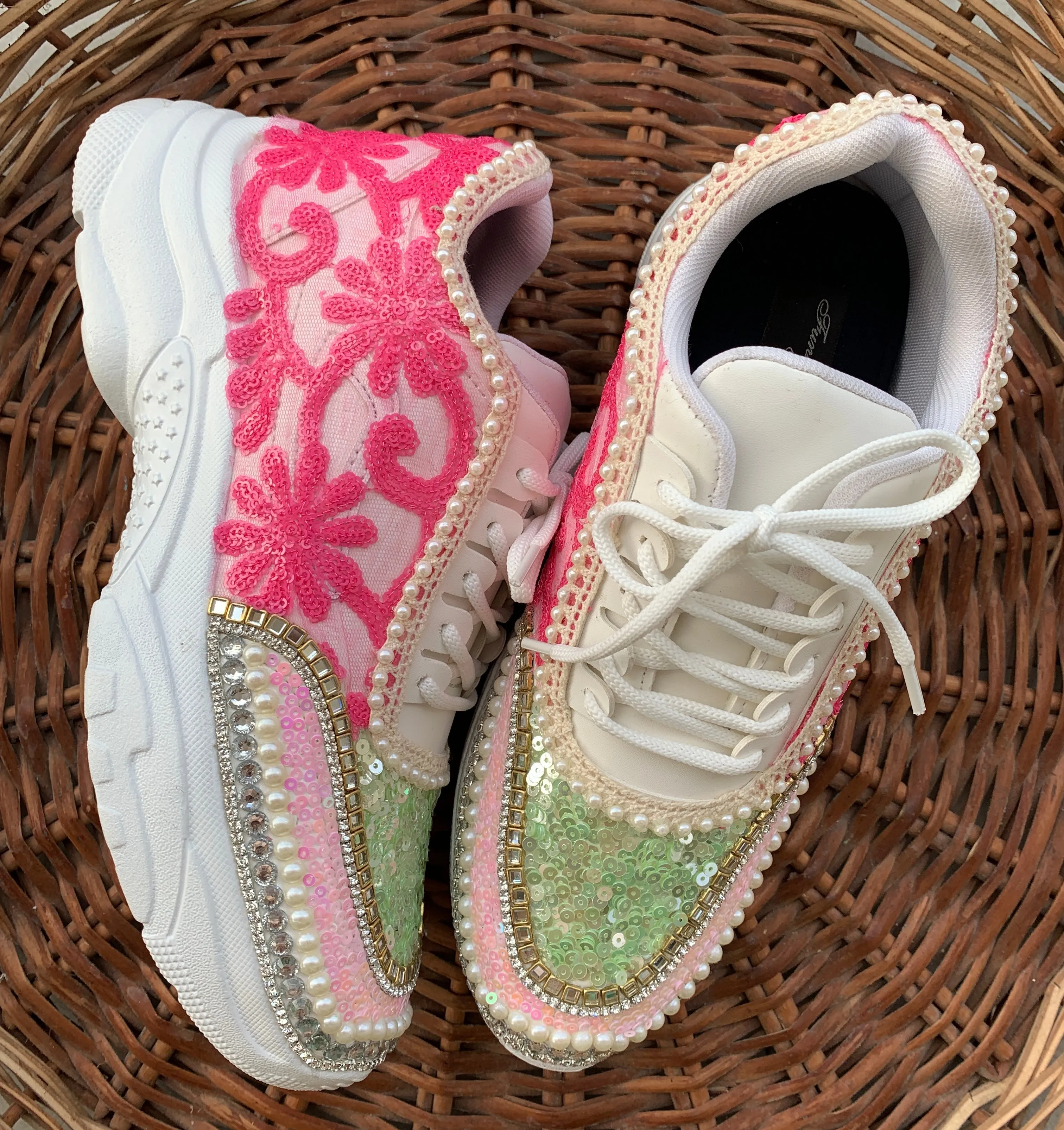 FUNKY N TRENDY hand embroidered pink and green floral work sneakers