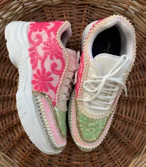 FUNKY N TRENDY hand embroidered pink and green floral work sneakers