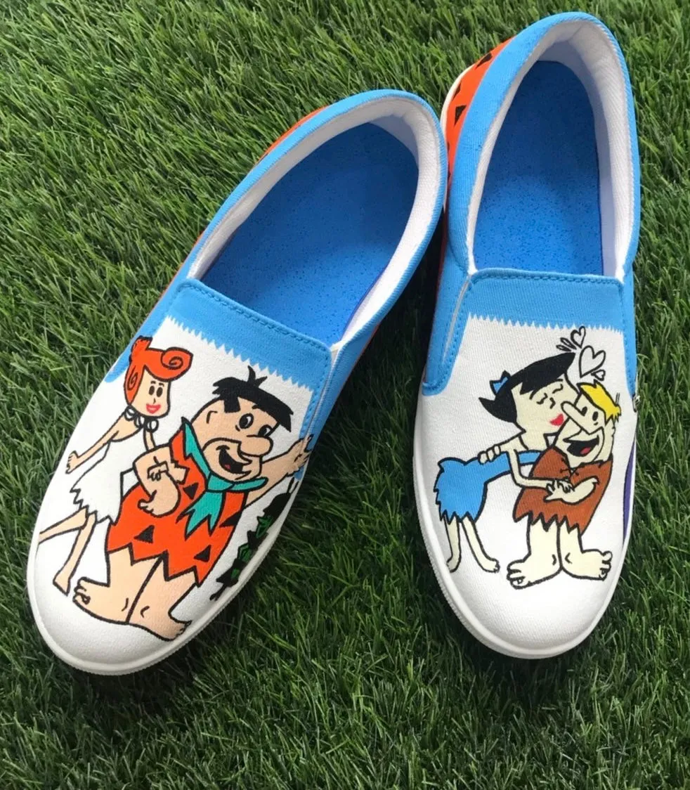 Funky N Trendy hand painted water resistant Flintstones theme white shoes/ white shoes / blue shoes / funky shoes