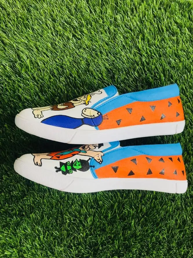 Funky N Trendy hand painted water resistant Flintstones theme white shoes/ white shoes / blue shoes / funky shoes