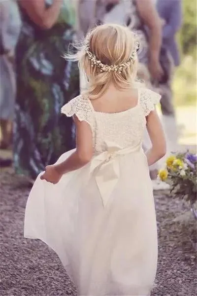 Glamorous Lace & Tulle Square Neckline Cap Sleeve A-line Flower Girl Dresses UF073