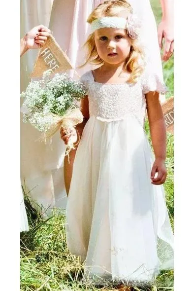 Glamorous Lace & Tulle Square Neckline Cap Sleeve A-line Flower Girl Dresses UF073