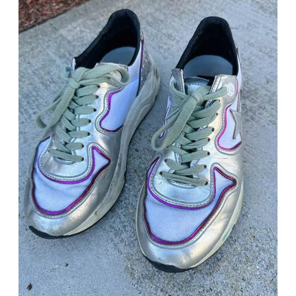 Golden Goose Silver Running Sole Sneakers with Glitter and Fuchsia Edging - Size 7