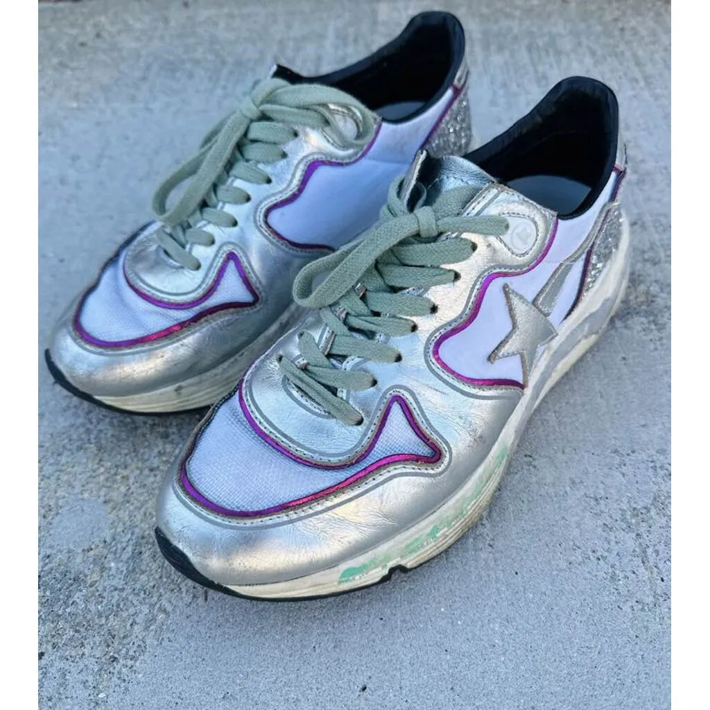 Golden Goose Silver Running Sole Sneakers with Glitter and Fuchsia Edging - Size 7