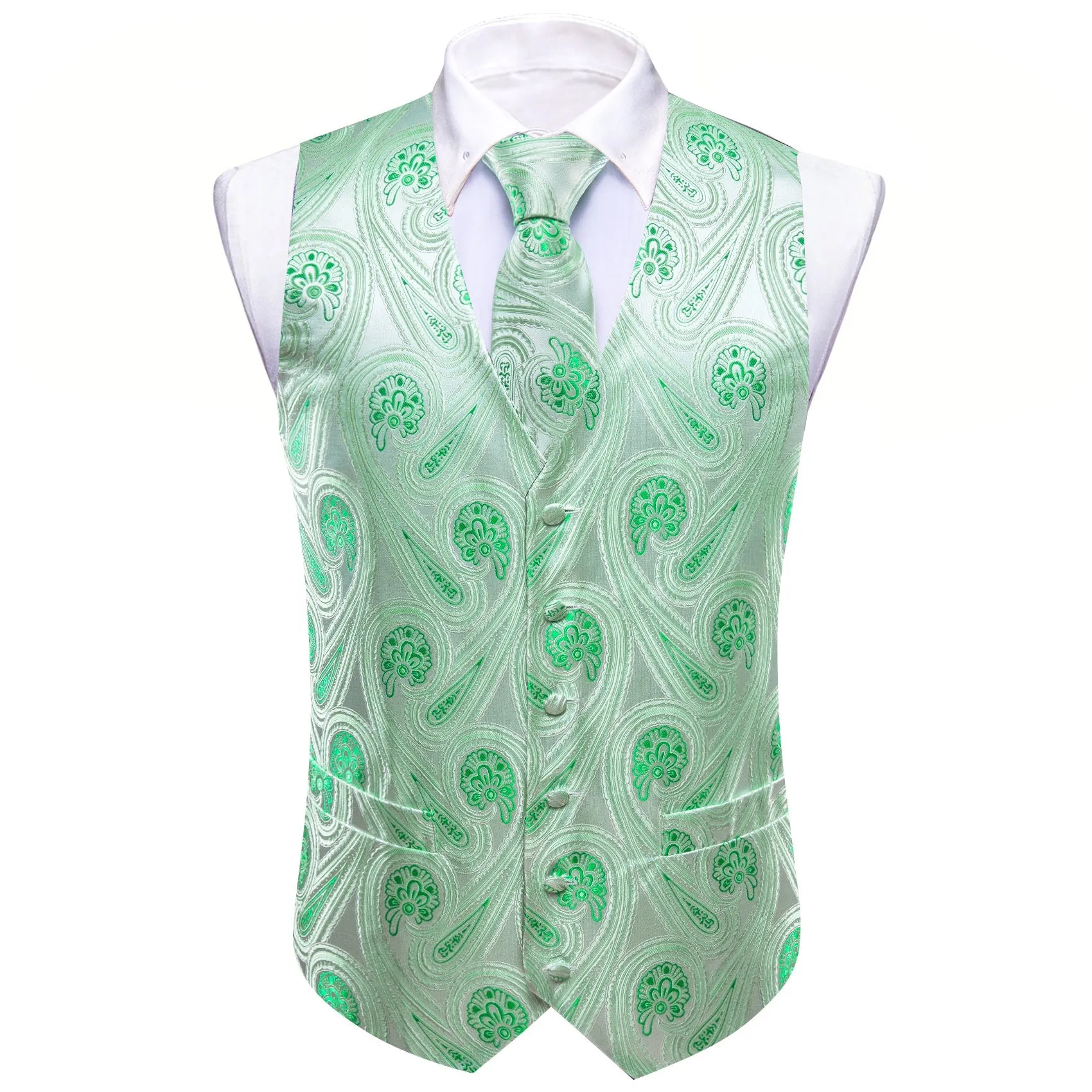 Green Paisley Flower Silk Men's Vest Hanky Cufflinks Tie Set