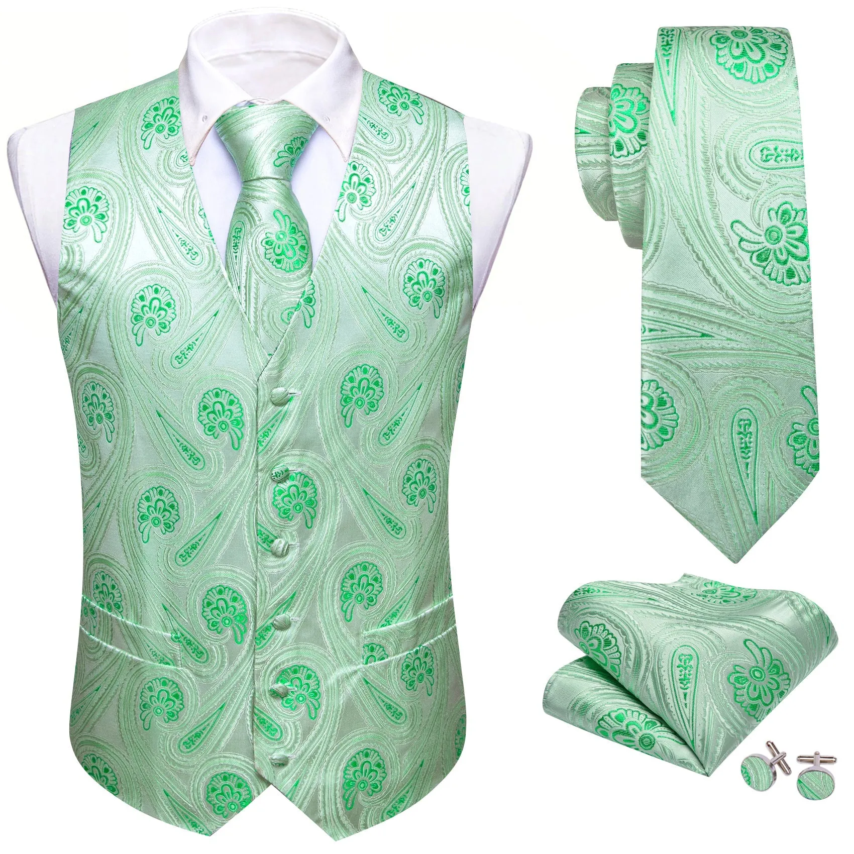 Green Paisley Flower Silk Men's Vest Hanky Cufflinks Tie Set