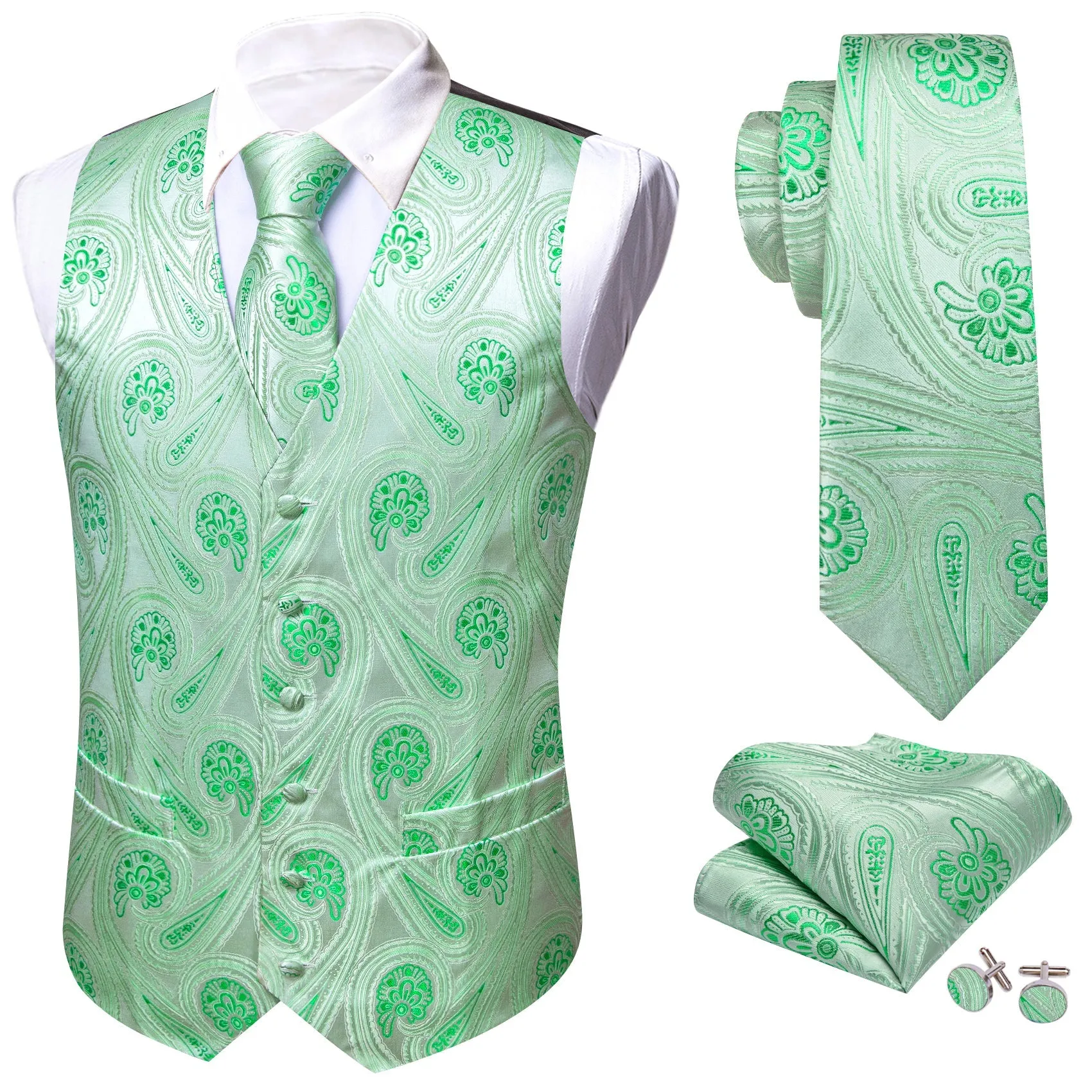 Green Paisley Flower Silk Men's Vest Hanky Cufflinks Tie Set