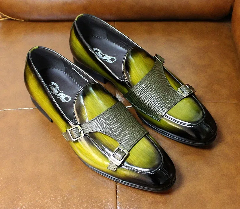 Hnzxzm Brand Patent Leather Mens Loafers Wedding Party Dress Shoes Black Green Monk Strap Casual Fashion Men Slip On Shoes