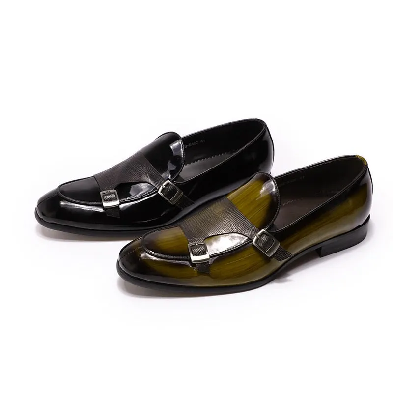 Hnzxzm Brand Patent Leather Mens Loafers Wedding Party Dress Shoes Black Green Monk Strap Casual Fashion Men Slip On Shoes