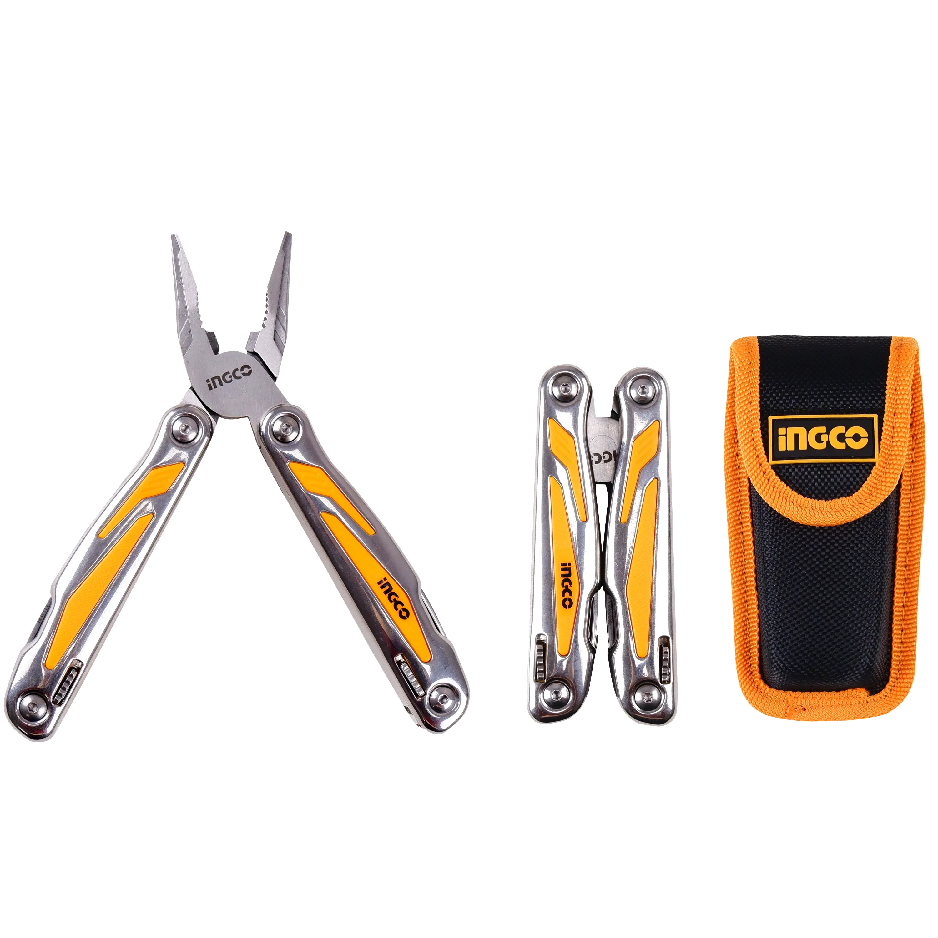 Homdum foldable multi function tool INGCO Stainless Steel Swiss army tool Knife Screwdriver File Saw Opener and Multiplier multi Utility 13in1 mini folding Portable pocket plier with Pouch.