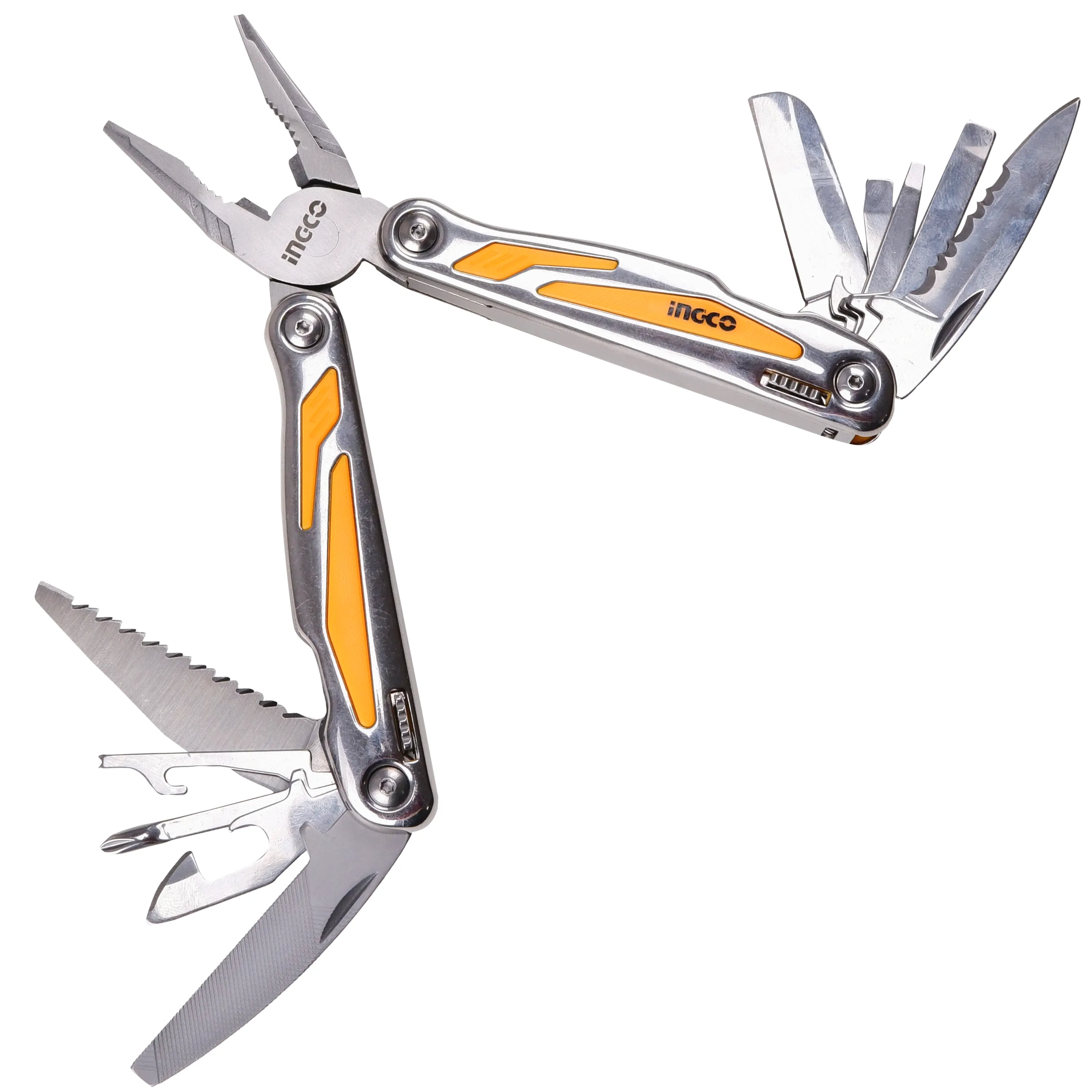 Homdum foldable multi function tool INGCO Stainless Steel Swiss army tool Knife Screwdriver File Saw Opener and Multiplier multi Utility 13in1 mini folding Portable pocket plier with Pouch.