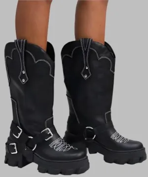 HYBRID MOTO/SECOND Black Faux Leather Platform Boot - White Contrast Western Inspired Detail - Mid Calf Boot