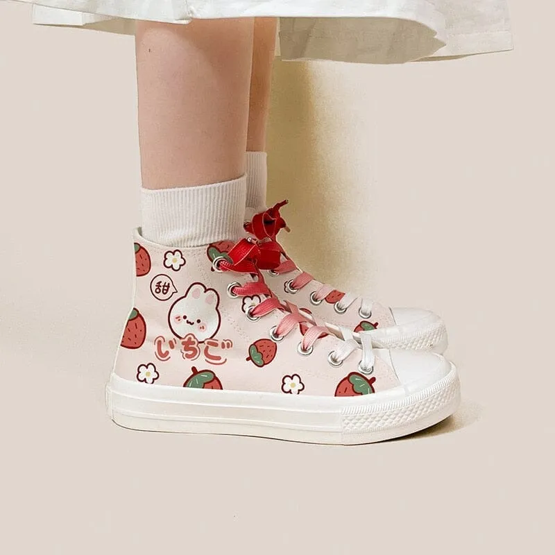 Kawaii Strawberry Bunny High Top Canvas Shoes - Unisex