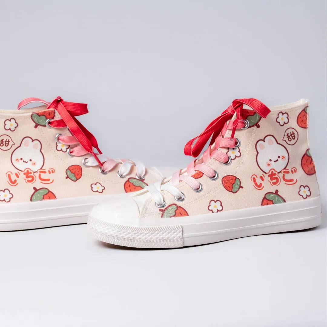 Kawaii Strawberry Bunny High Top Canvas Shoes - Unisex