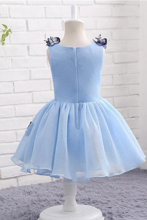 Light Blue Baby Girls Clothes Butterfly Appliques Puffy Flower Girl Dresses UF057