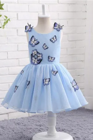 Light Blue Baby Girls Clothes Butterfly Appliques Puffy Flower Girl Dresses UF057