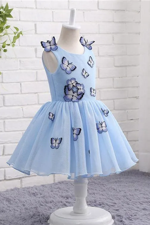 Light Blue Baby Girls Clothes Butterfly Appliques Puffy Flower Girl Dresses UF057