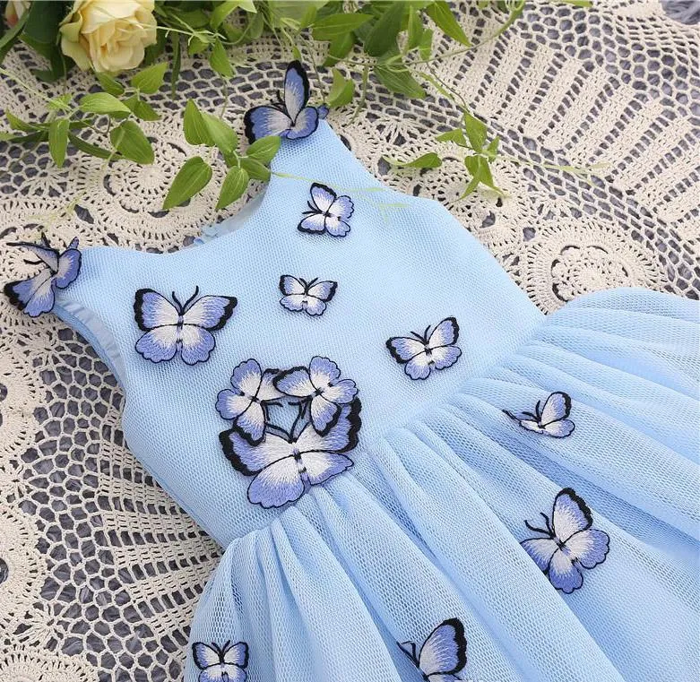 Light Blue Baby Girls Clothes Butterfly Appliques Puffy Flower Girl Dresses UF057