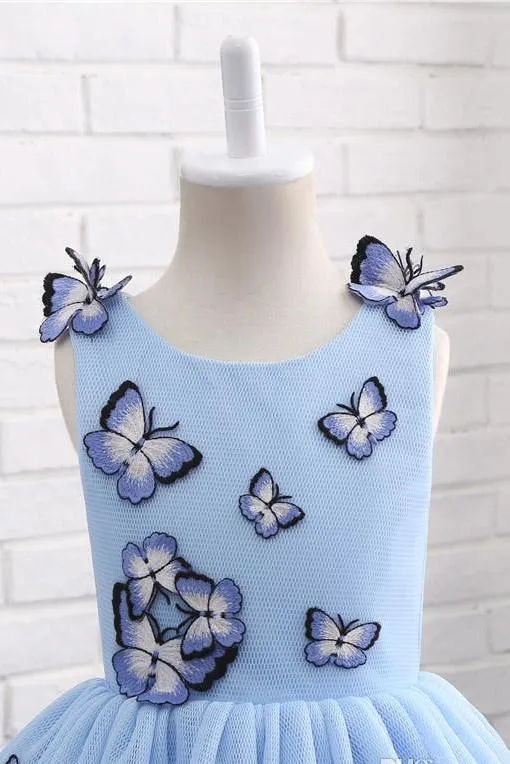 Light Blue Baby Girls Clothes Butterfly Appliques Puffy Flower Girl Dresses UF057