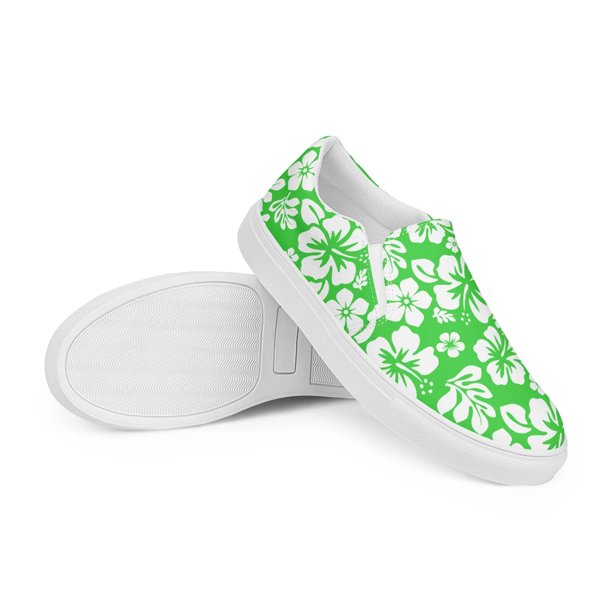 Lime and White Hawaiian Flowers Women's Slip On Canvas Shoes