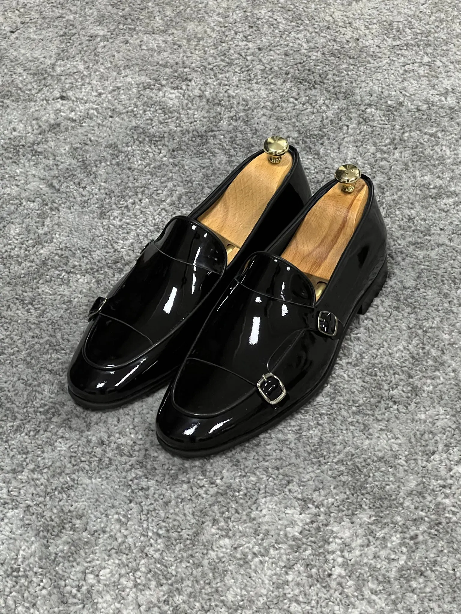 Louis Special Edition Neolite Sole Double Monk Shiney Leather Black Shoes