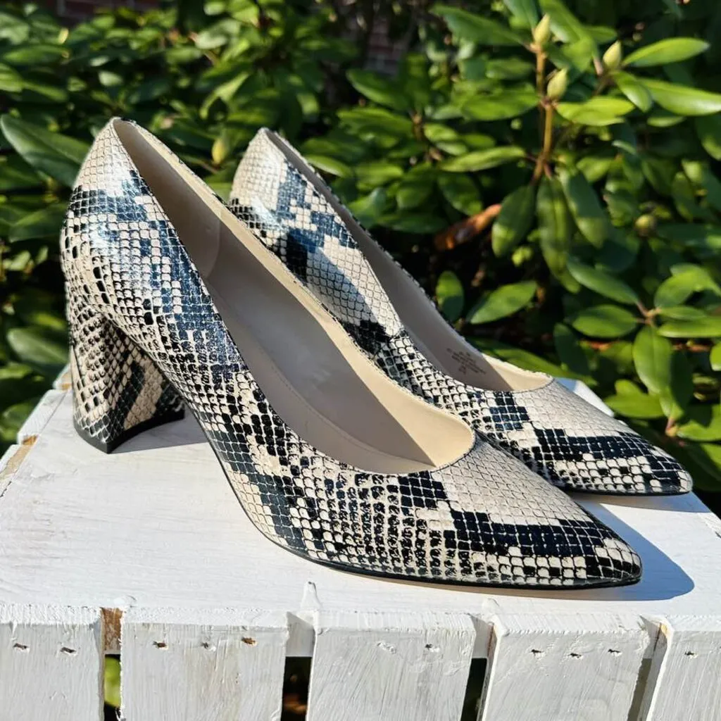 Marc Fisher Claire Block Heel Pumps in Black Snake Multi - Size 9