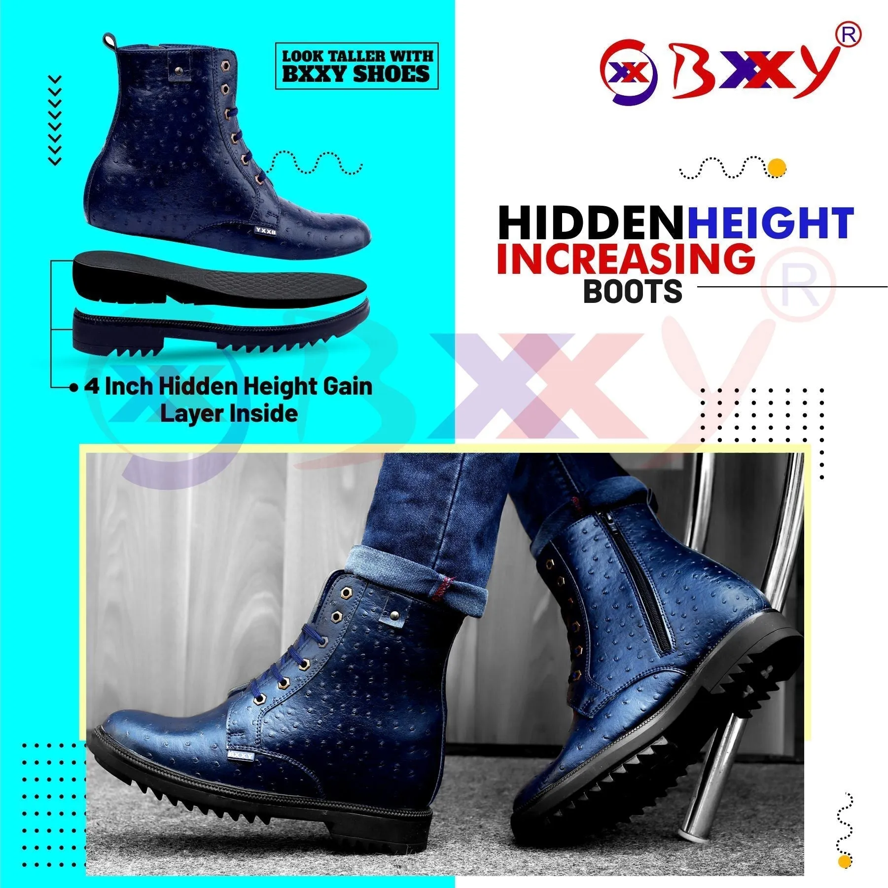 Men's 4 Inch Hidden Height Increasing Crocodile Textured High Ankle Trekking Boots