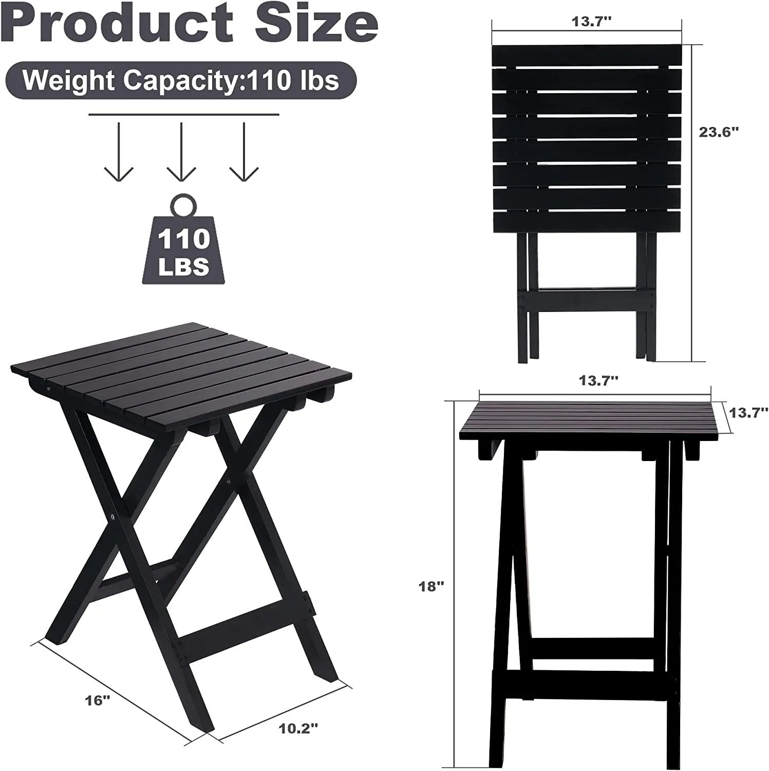 Outdoor Wooden Folding Square Side Table, Portable Lounge End Table, Black