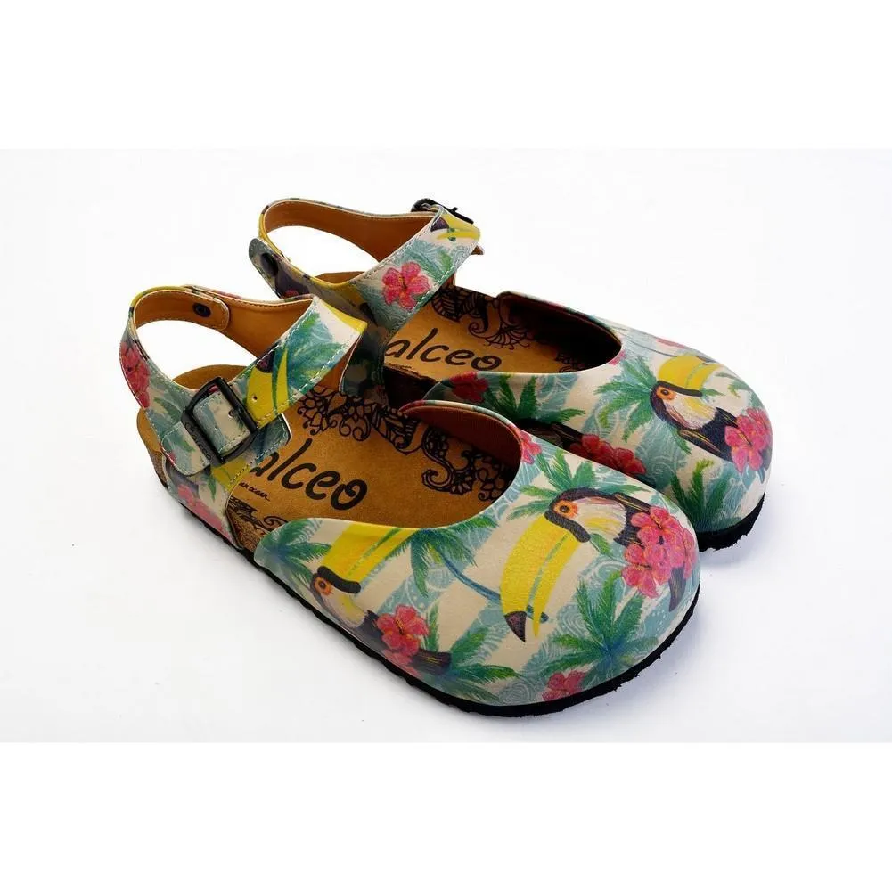 Pink, Blue, Beige Color and Pink Flowers, Yellow Toucan Patterned Clogs - CAL1608