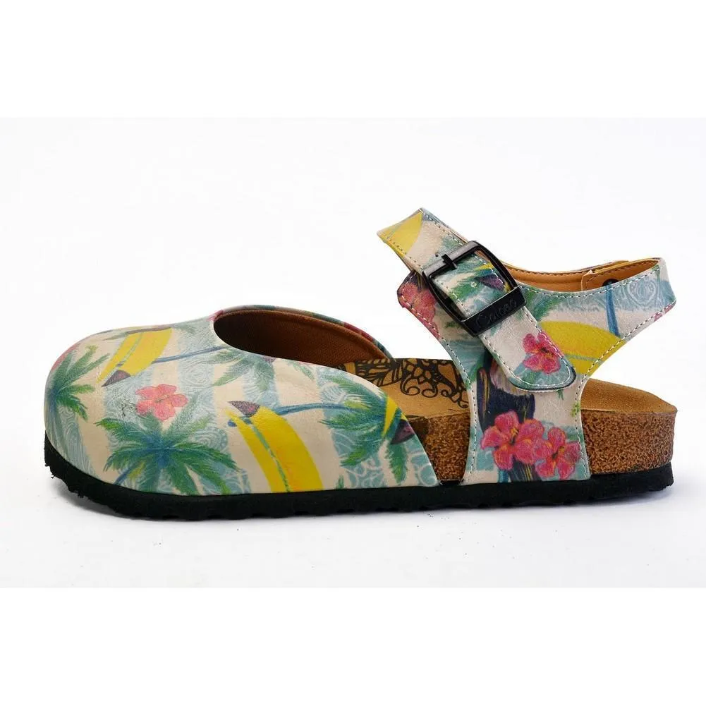 Pink, Blue, Beige Color and Pink Flowers, Yellow Toucan Patterned Clogs - CAL1608