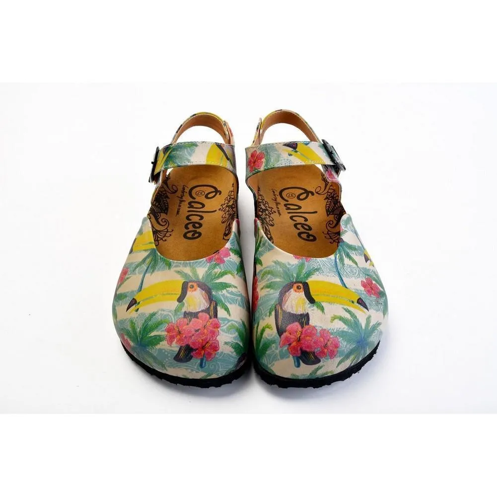 Pink, Blue, Beige Color and Pink Flowers, Yellow Toucan Patterned Clogs - CAL1608