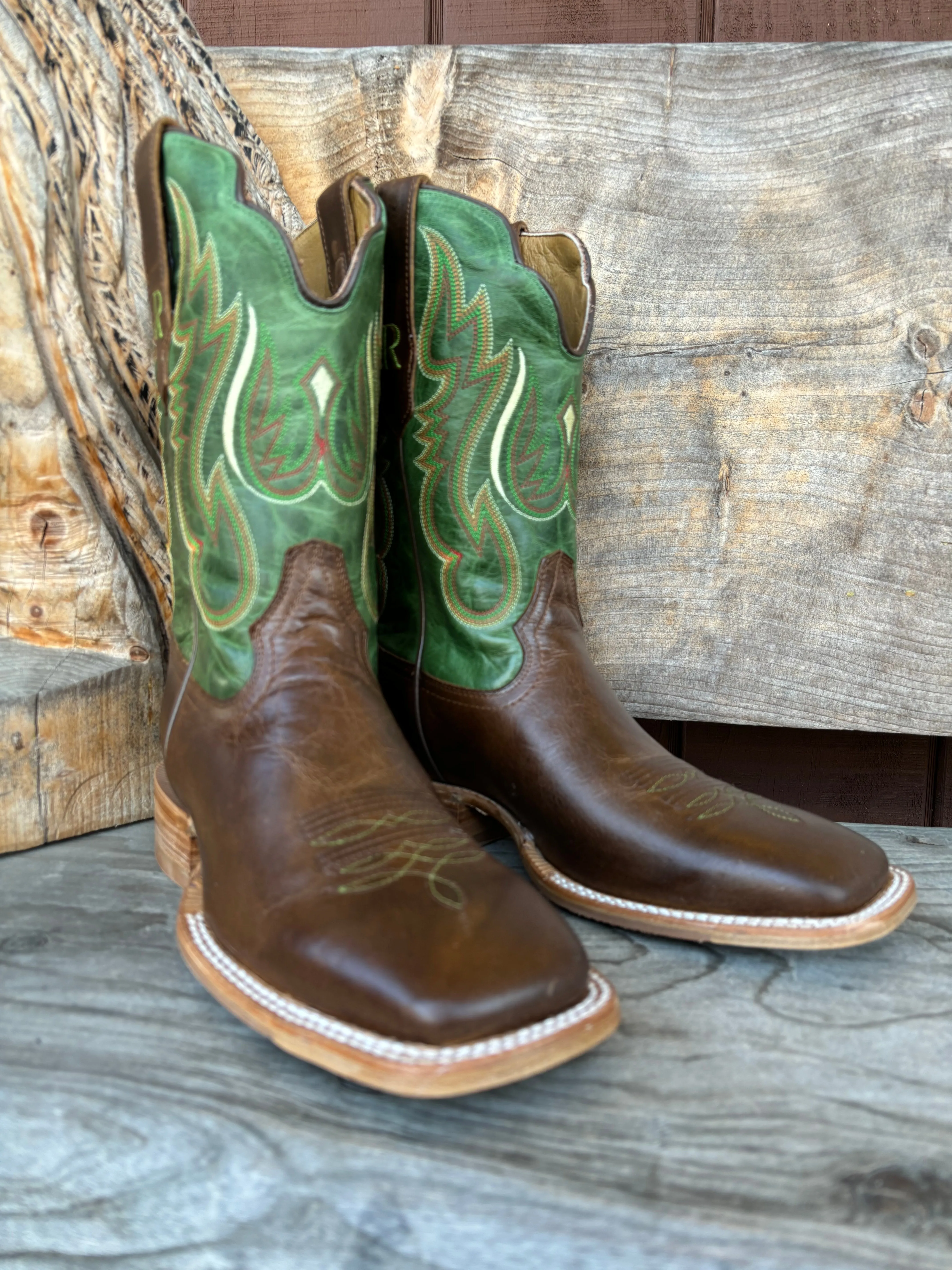 R. Watson Men's Vintage Green & Tobacco Wide Square Toe Cowboy Boots RW8034-2