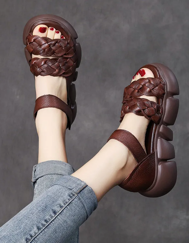 Retro Leather Braid Open Toe Platform Sandals