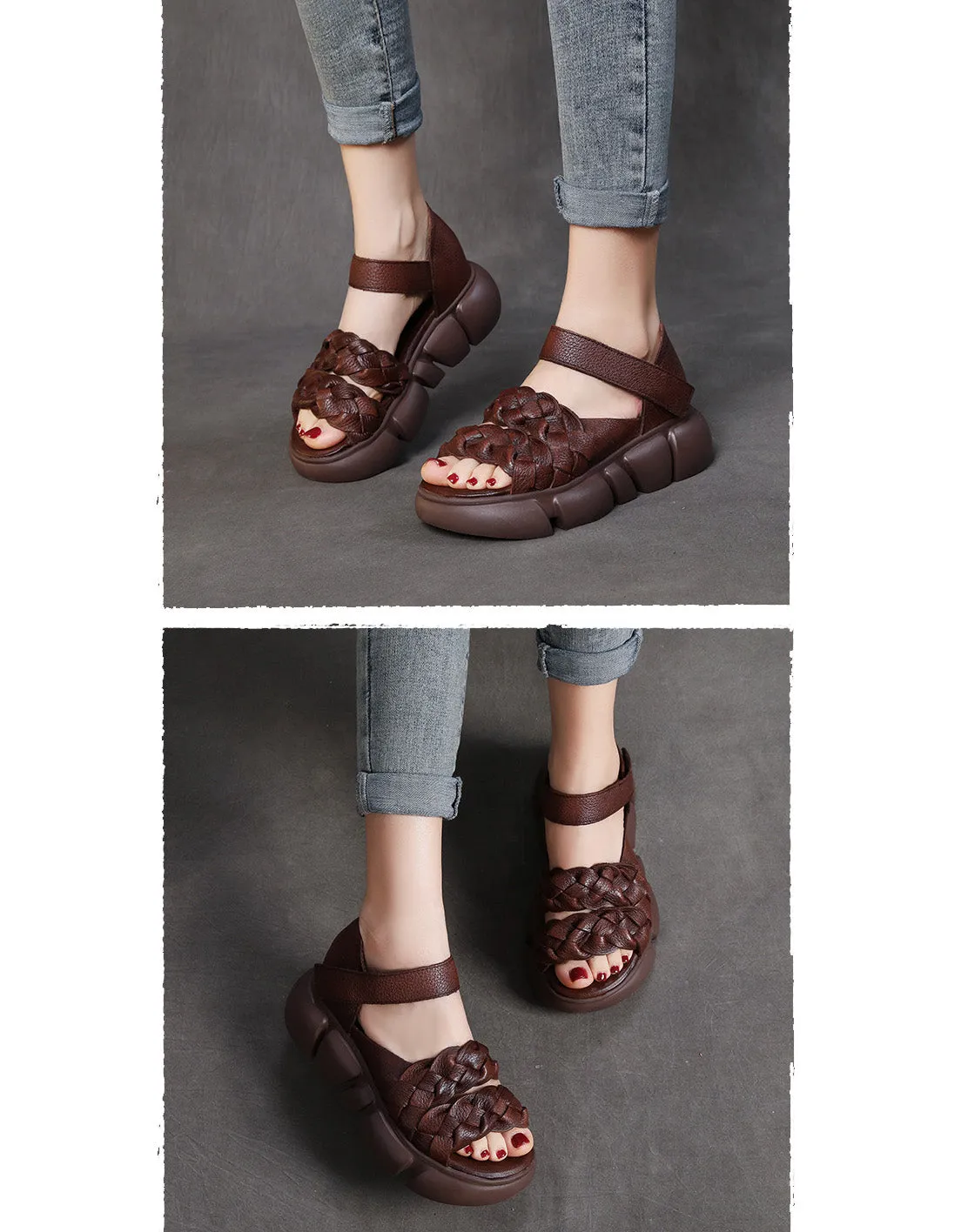 Retro Leather Braid Open Toe Platform Sandals