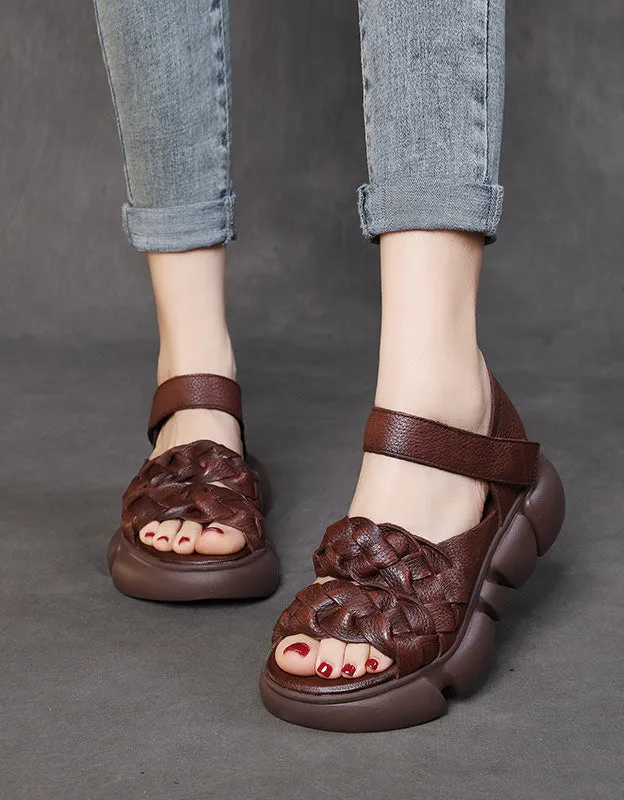 Retro Leather Braid Open Toe Platform Sandals