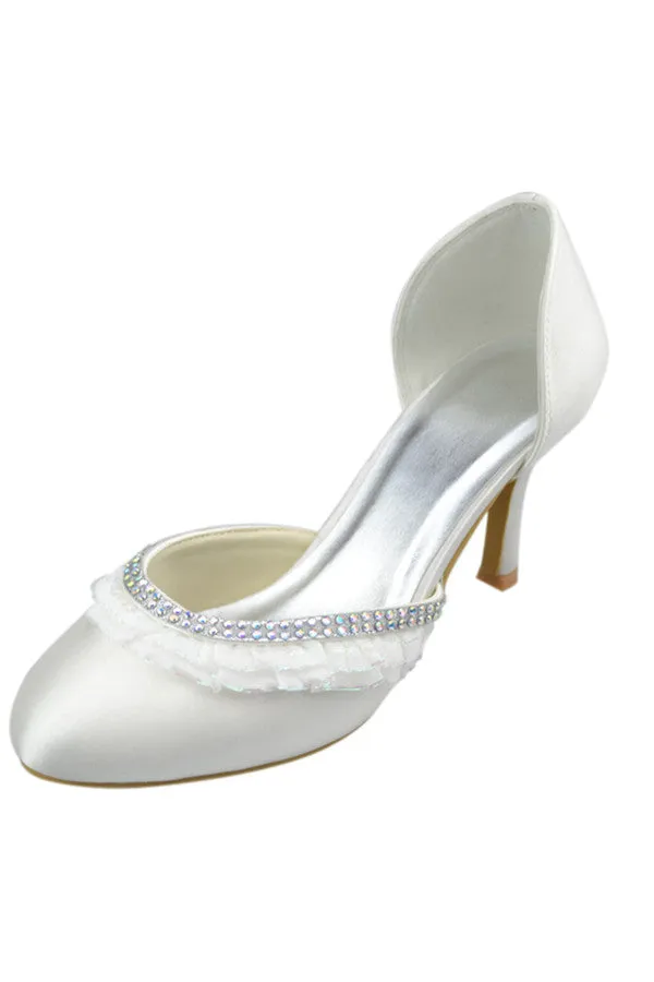 Round Toe Satin Lace Beading Satin Cheap Prom Shoes S117