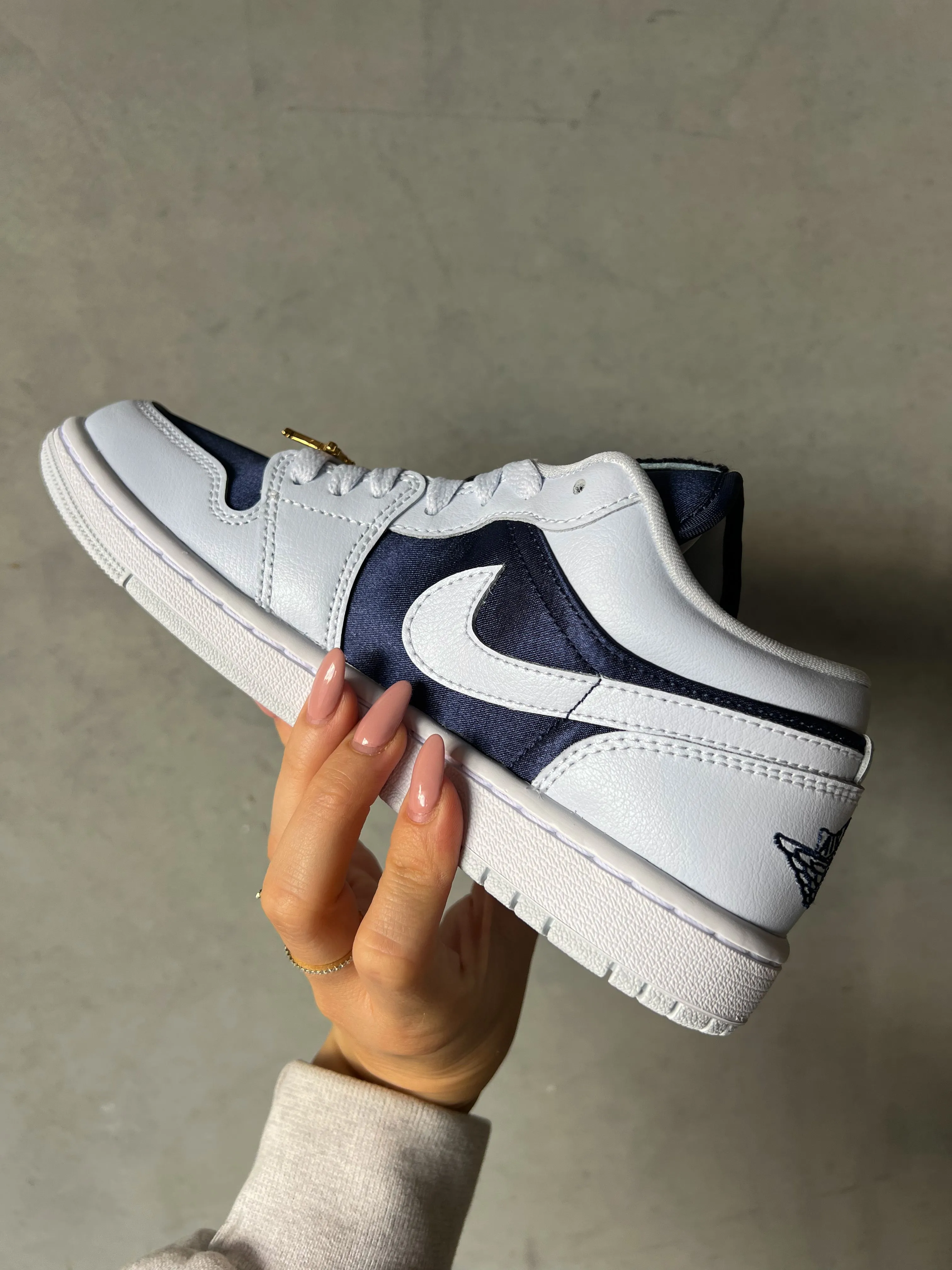 SIZE 7 Navy Satin Gold Swarovski Women’s Air Jordan Retro 1 Low Shoes