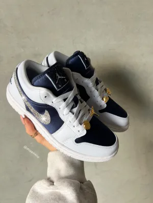 SIZE 7 Navy Satin Gold Swarovski Women’s Air Jordan Retro 1 Low Shoes