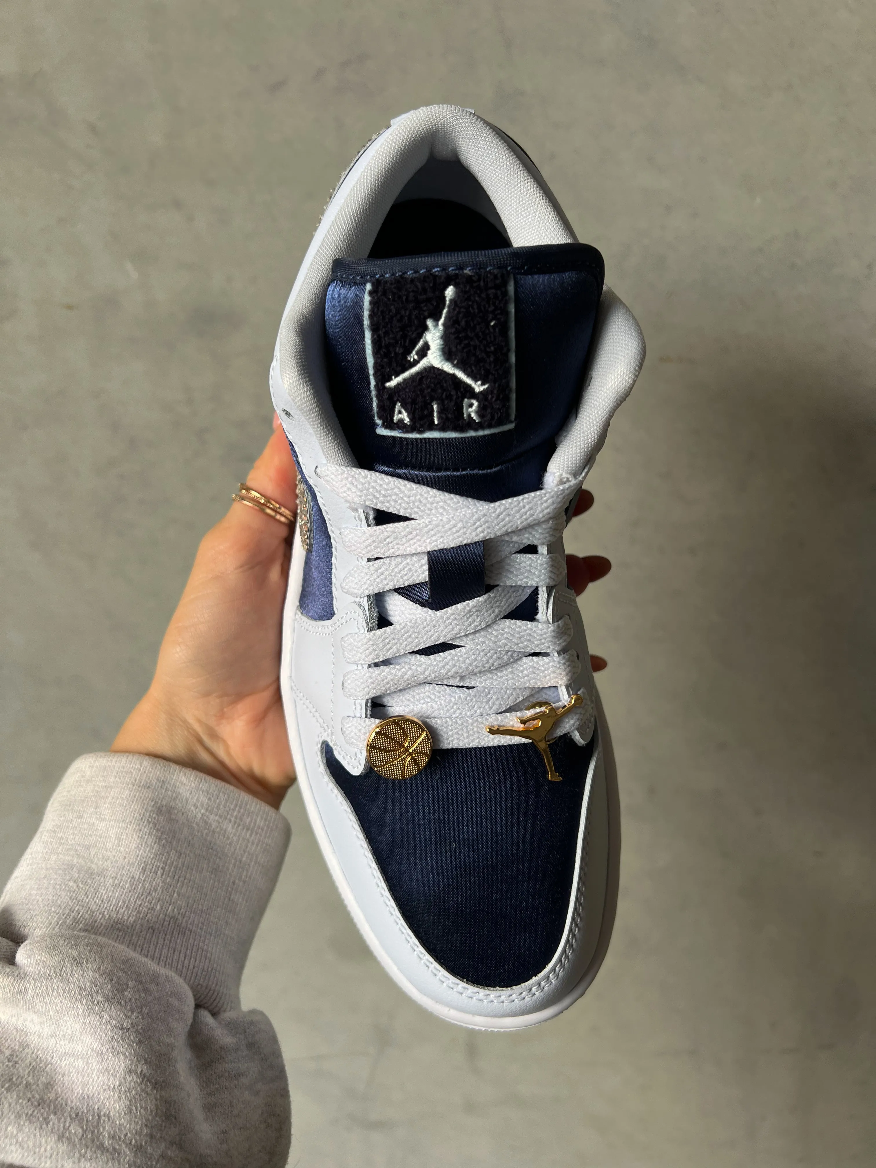 SIZE 7 Navy Satin Gold Swarovski Women’s Air Jordan Retro 1 Low Shoes