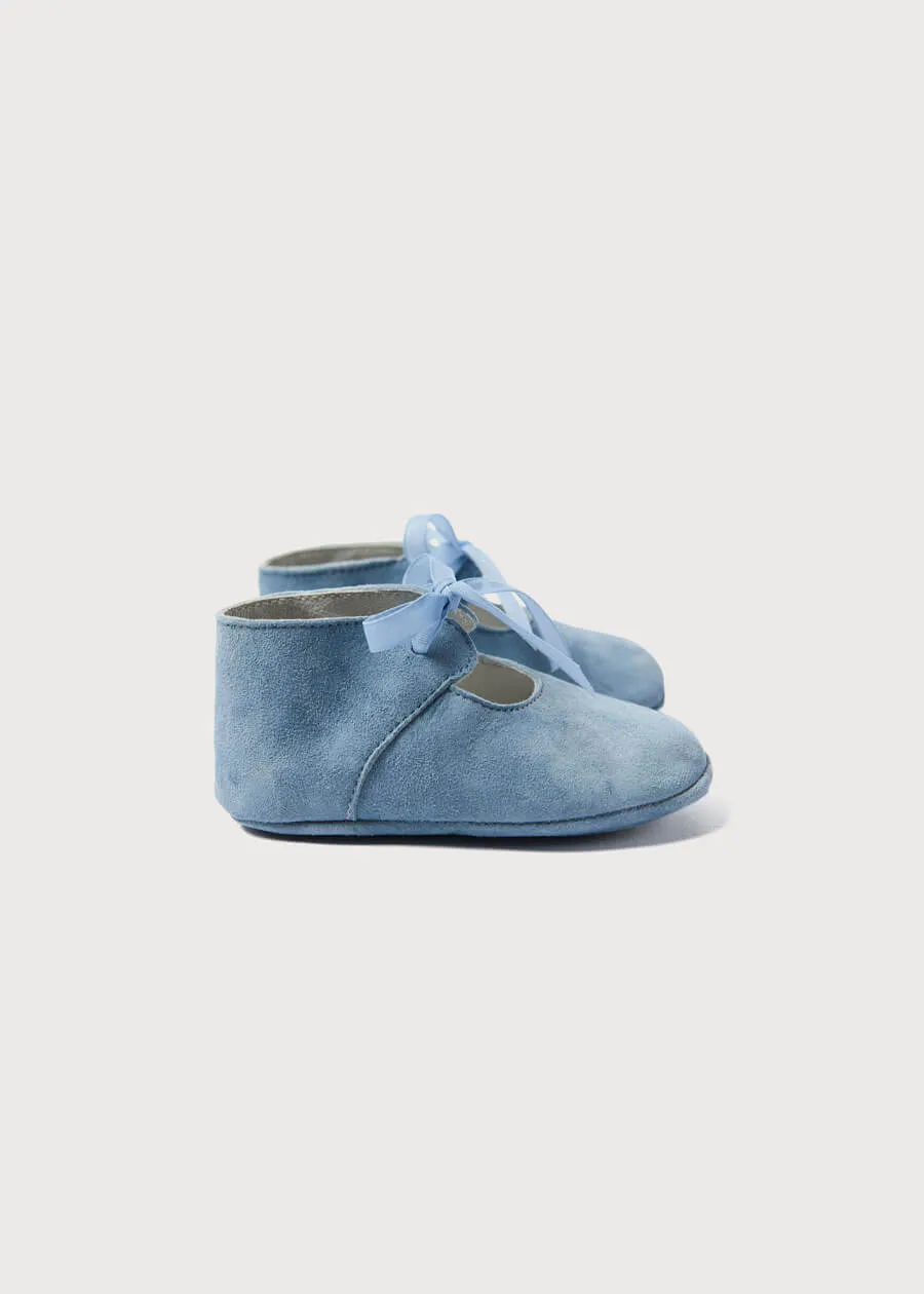 Suede Organza Fastening Pram Shoes in Dusty Blue (17-20EU)