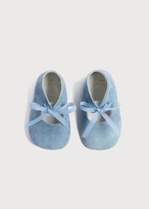 Suede Organza Fastening Pram Shoes in Dusty Blue (17-20EU)