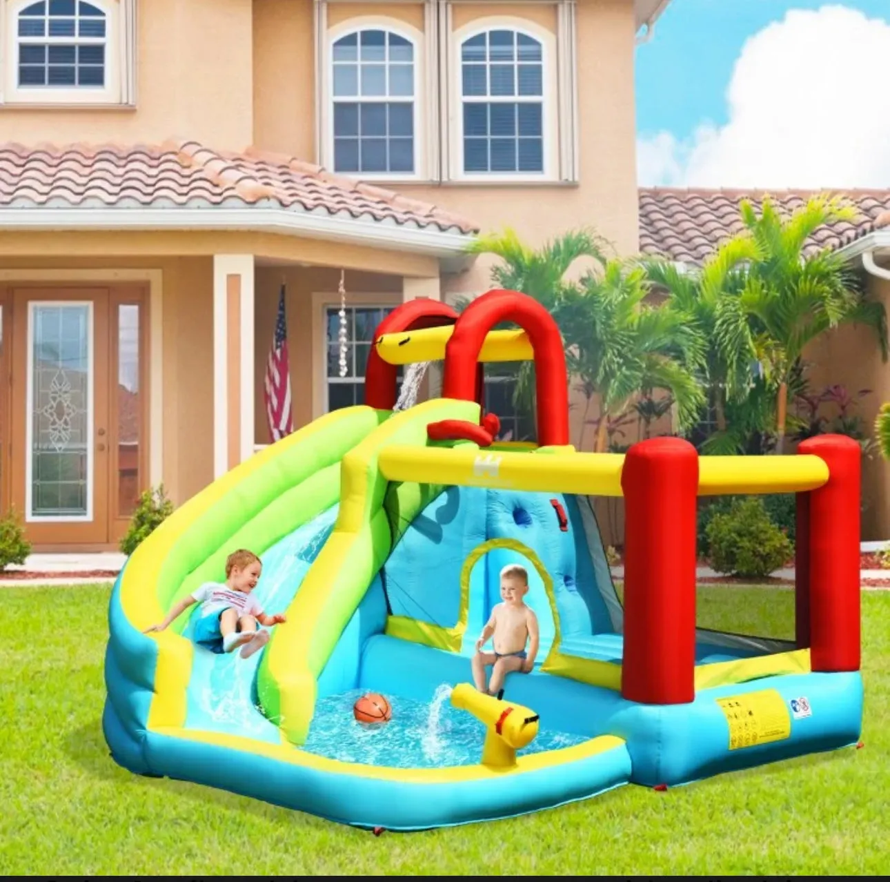 Super Fun 6-in-1 Inflatable Bouncy House Upgraded With Climbing Wall | Basketball Hoop | With 480W Blower | Carry Bag | Hose Kit | Repair Kit | Water Park