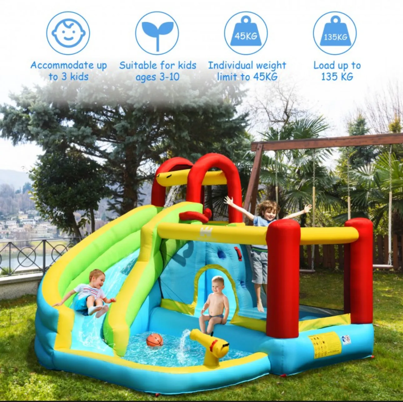 Super Fun 6-in-1 Inflatable Bouncy House Upgraded With Climbing Wall | Basketball Hoop | With 480W Blower | Carry Bag | Hose Kit | Repair Kit | Water Park