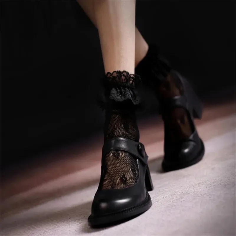 TAVIMART  -  White Black Mary Jane Shoes Women's Round Head Lolita Retro High Chunky Heels Jk Uniform Female Elegance Lady Gothic Women Shoes