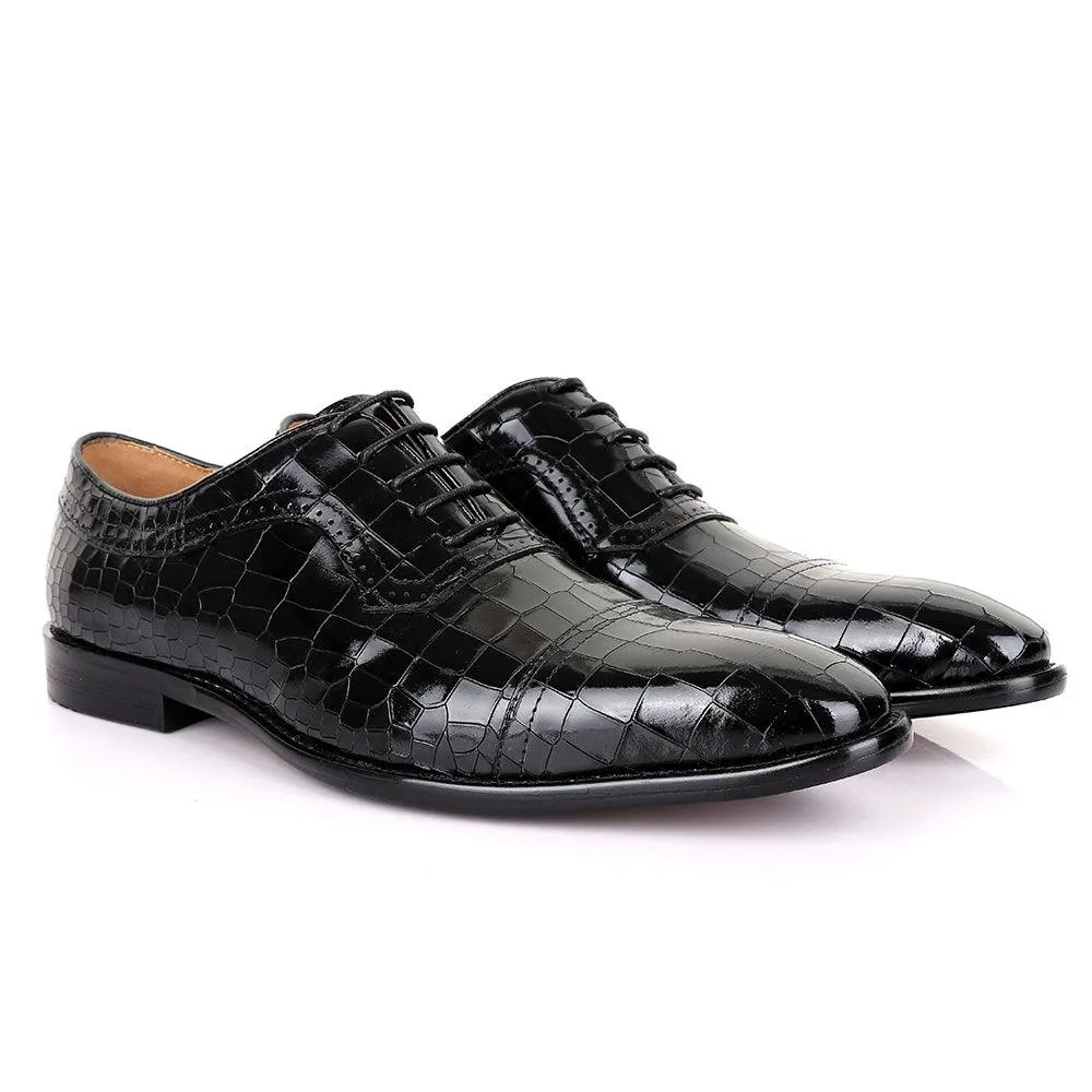 Terry Taylors Glossy Laceup Croc Black Leather Shoe