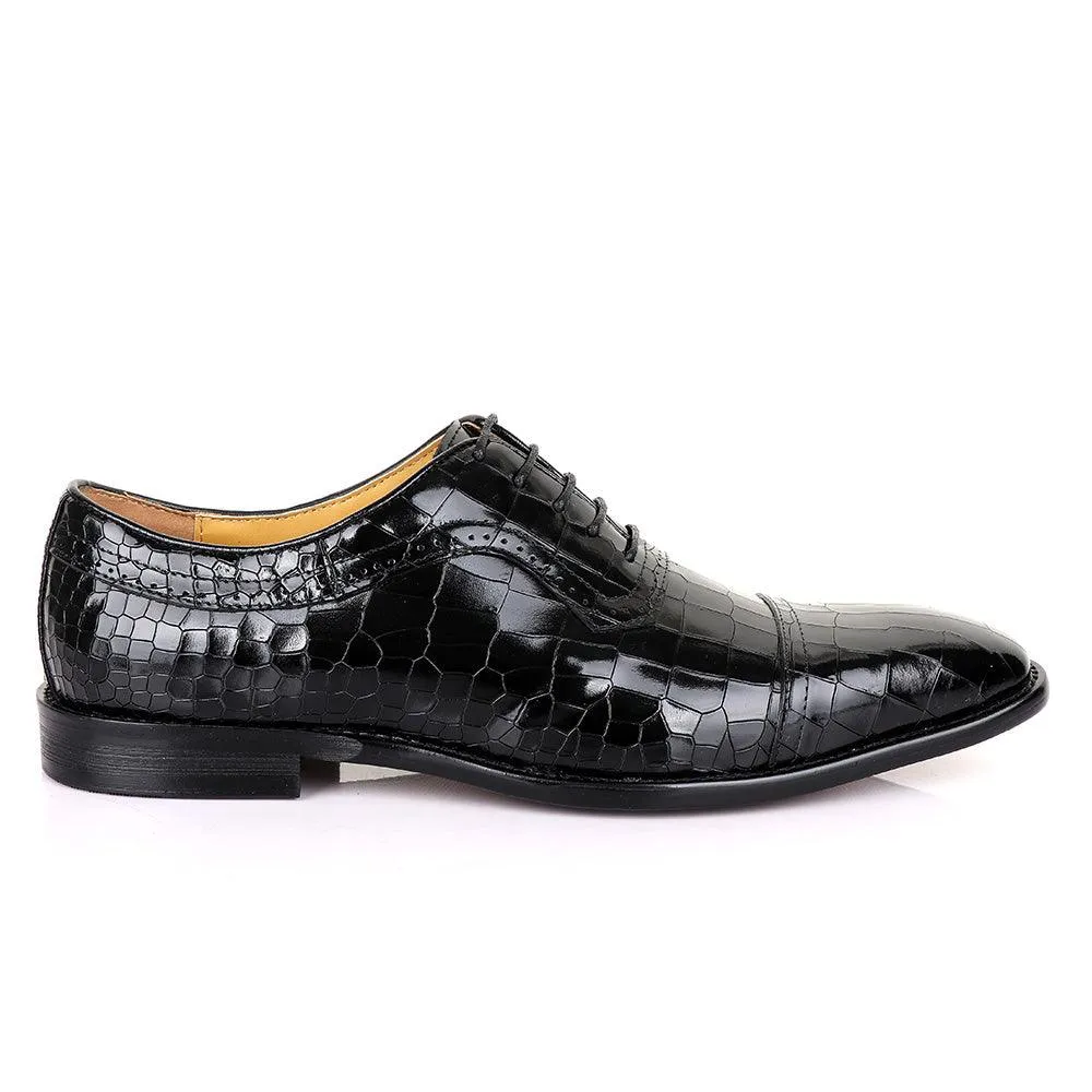 Terry Taylors Glossy Laceup Croc Black Leather Shoe